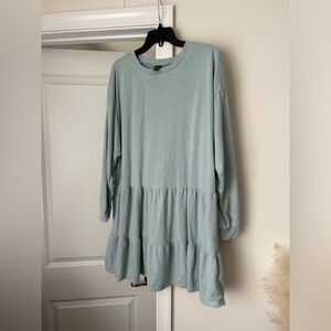 Tiered Long Sleeve Sweatshirt Dress in Dusty Sage